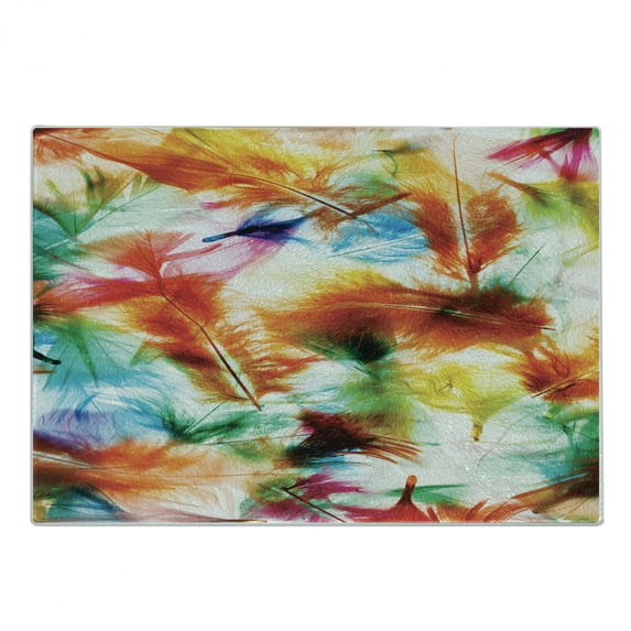Colorful Cutting Board, Psychedelic Blurry Mix of Feathers Pure Energy of Love and Life Wing Art, Decorative Tempered Glass Cutting and Serving Board, Small Size, Multicolor, by Ambesonne