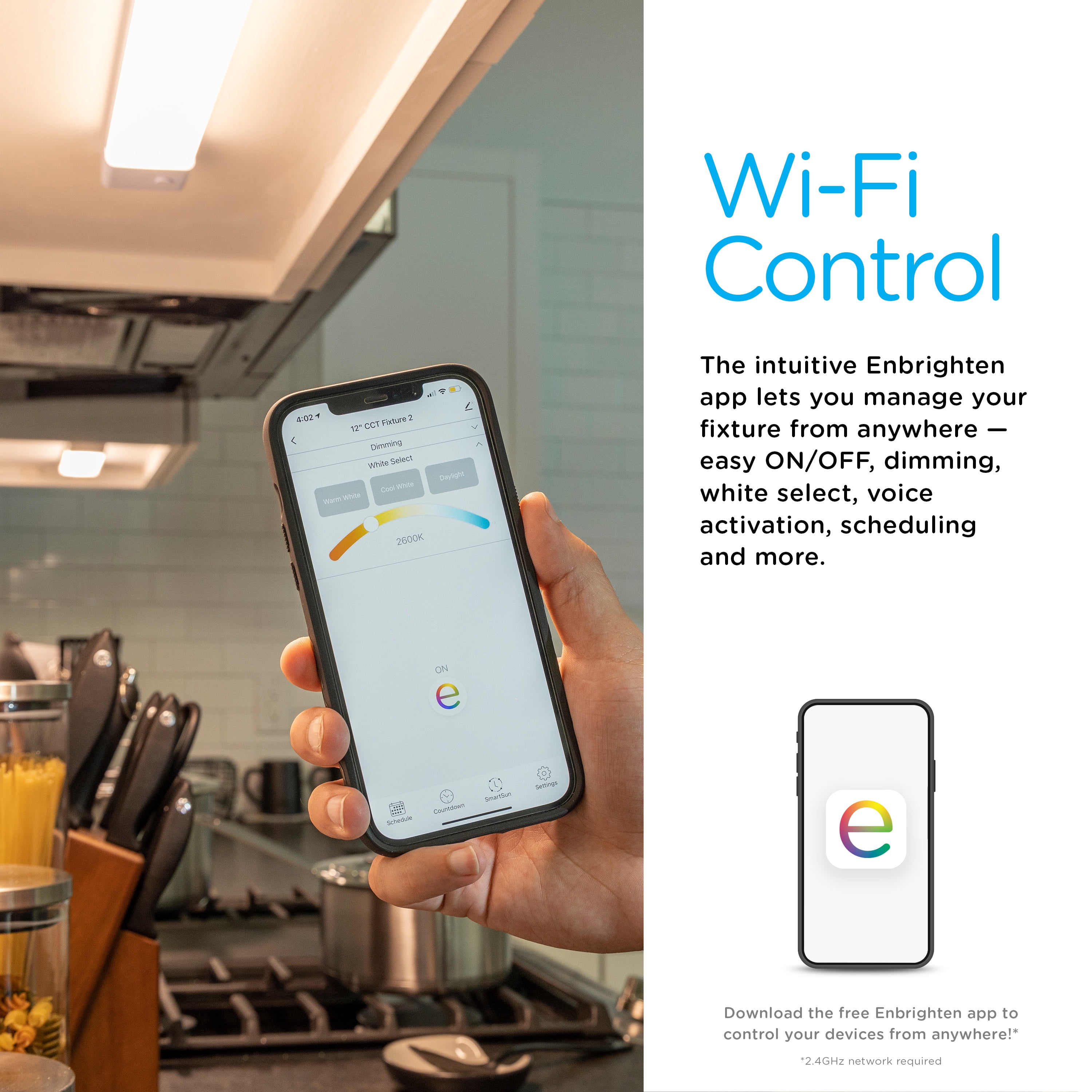 Enbrighten 24in Wi-Fi Linkable LED Under Cabinet Light Fixture, Dimmable and CCT Adjustable