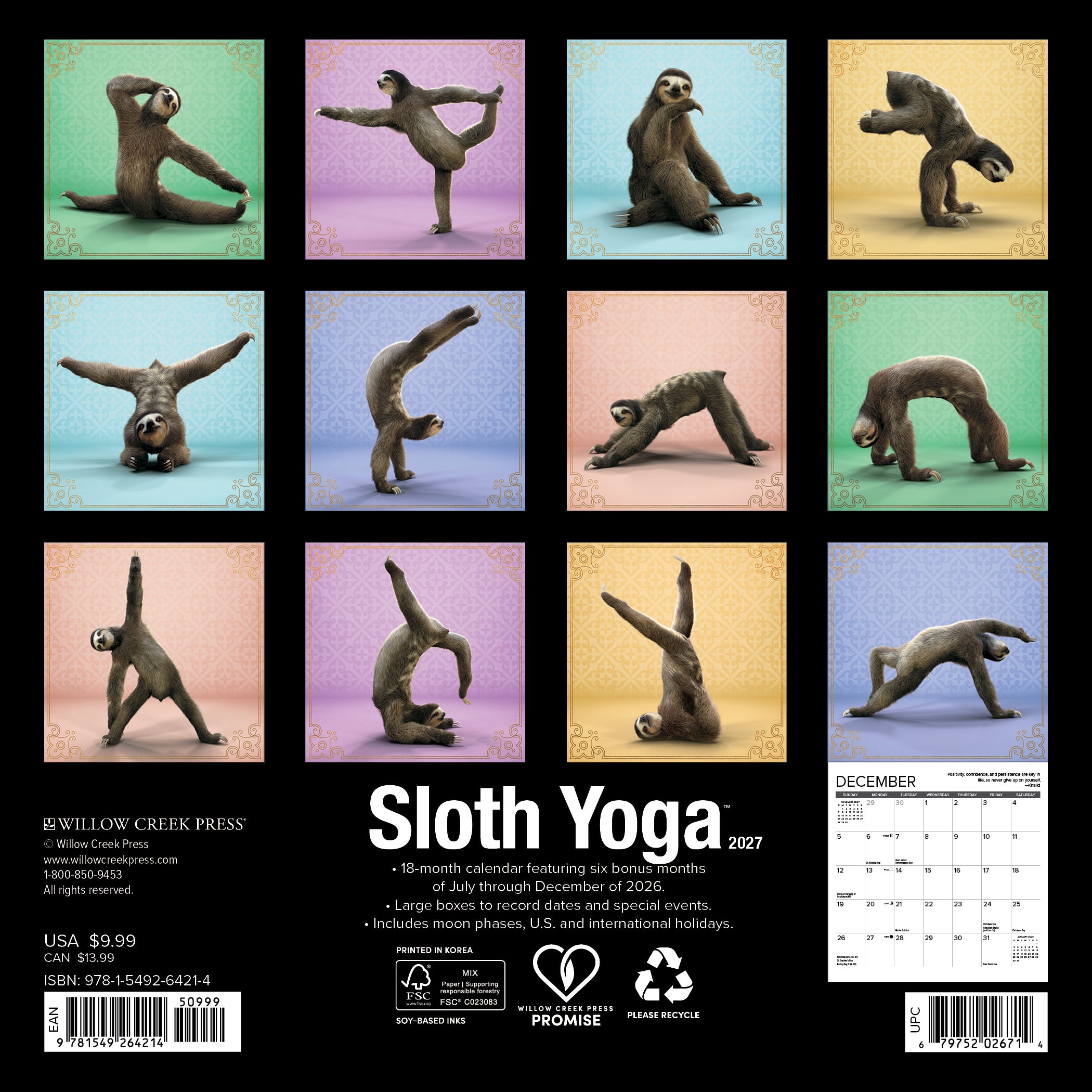 Willow Creek Press, Sloth Yoga 2027 Mini Wall Calendar