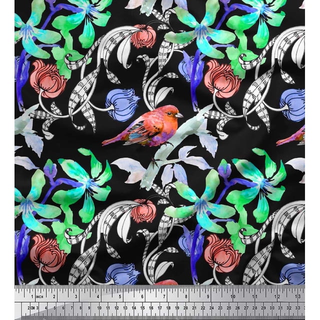 Soimoi Orange Polyester Crepe Fabric Leaves,Floral & American Robin Bird Decor Fabric Printed BTY 42 Inch Wide