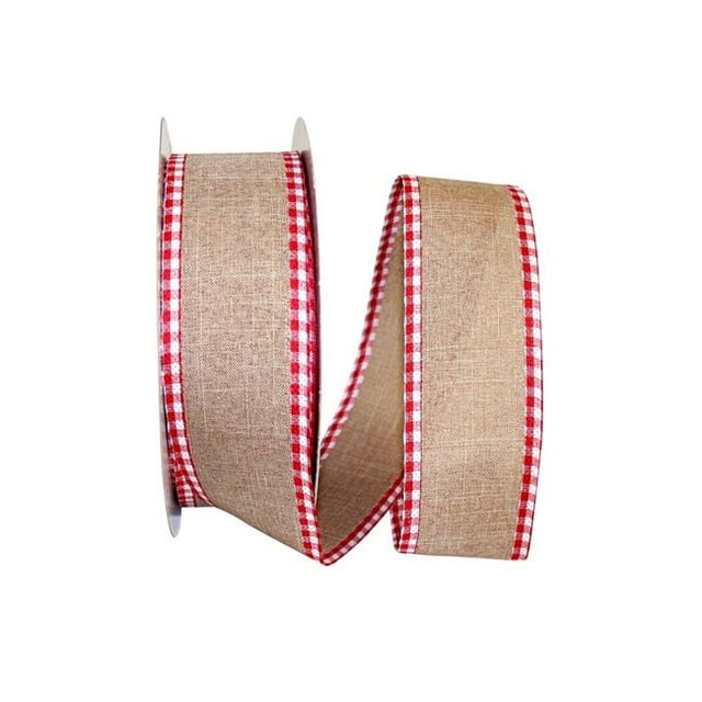 Reliant Ribbon 92970W-756-40K Linen Gingham Check Value Wired Edge Ribbon - Natural & Red - 2.5 in. x 50 yards