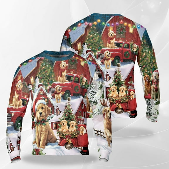 Golden Retriever Christmas Sweatshirt, Festive Holiday Crewneck, Cute Dogs, Red Truck & Snow Scene Pullover, Cozy Xmas Sweater for Men Women Dog Lovers