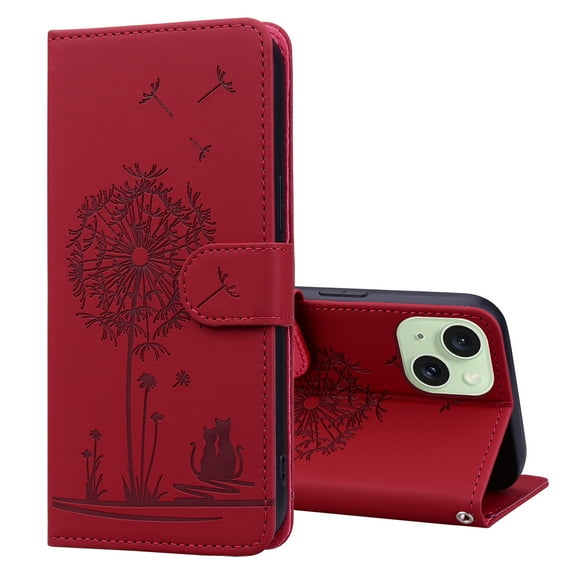 ELEHOLD Case for iPhone 15, Premium PU Leather Wallet Flip Case Folio Cover with Card Holder Kickstand,Red