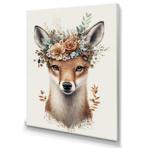 Designart Cute Baby Fox With Floral Crown IV Canvas Wall Art