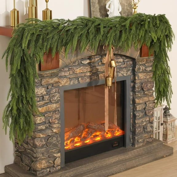 Guvpev Christmas Norfolk Pine Garlands - 9FT Artificial Greenery Garland, Faux Green Fake Pine Needles Garland for Fireplace, Table, Window, Stairs, Mante, Holiday Indoor Outdoor Xmas Decor