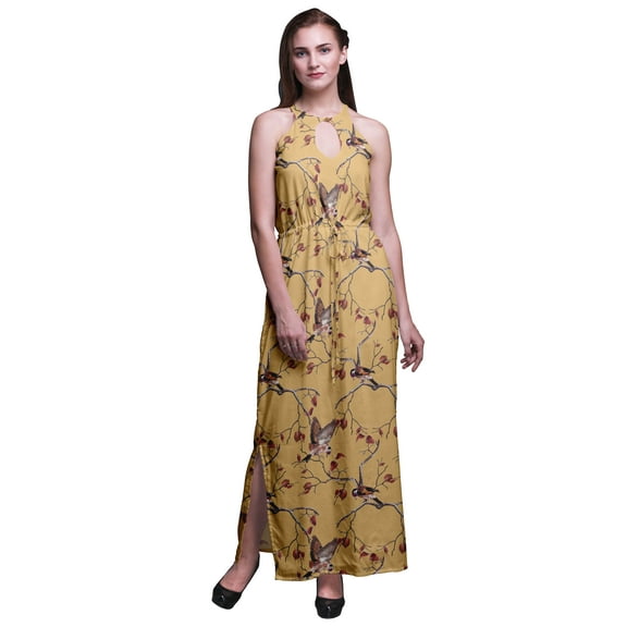 Bimba Bird Ladies Crew Neck Waist String Print Maxi Dress with Side Slits Summer Wear-Medium