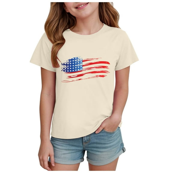 eileial Kids USA Shirt for Girls 4th of July Shirts American Flag Tshirt Patriotic Top Independence Day Outfit,Beige 5-6 Years