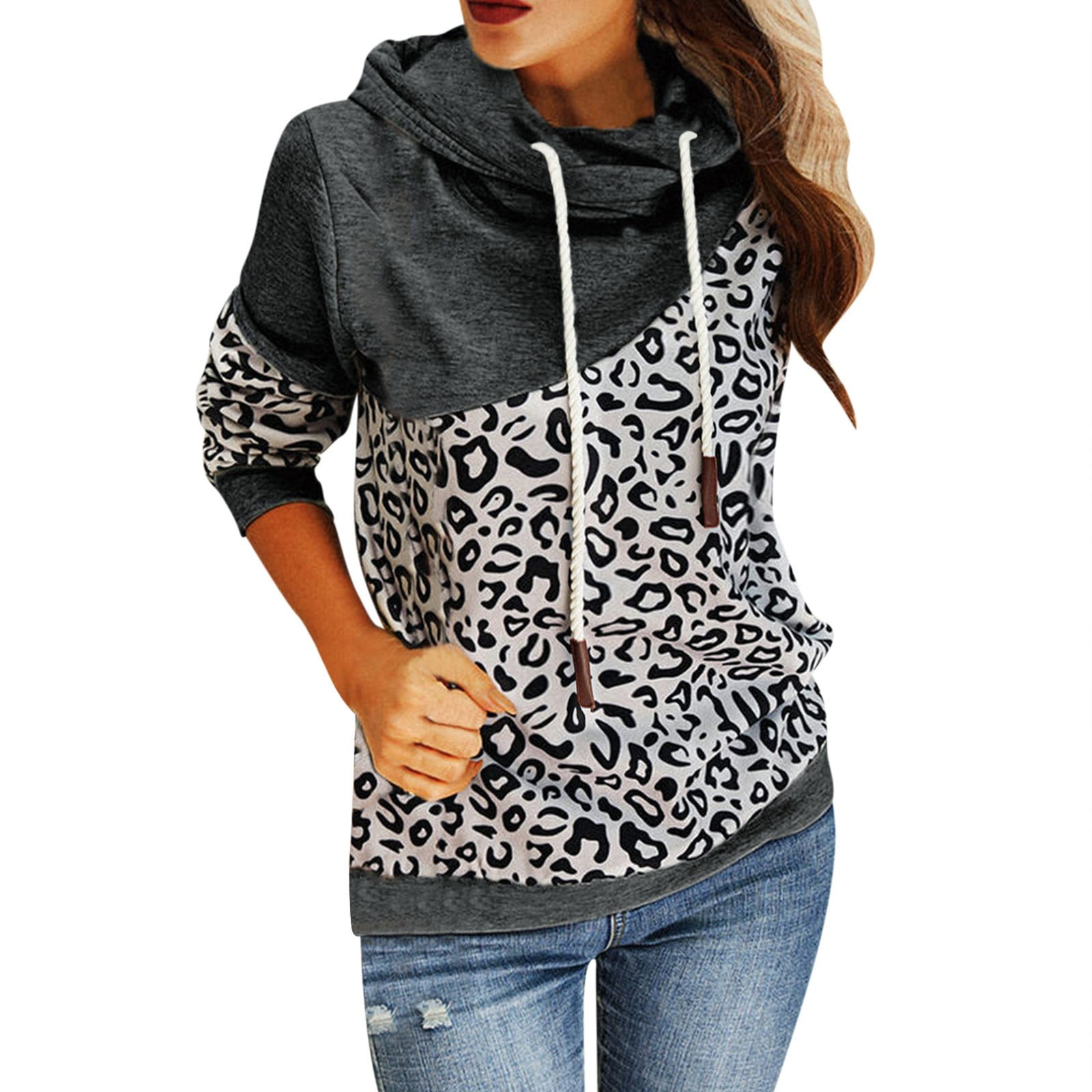 dmqupv Knitted Tunic Women Casual Top Blouse WInter Contrast Splice Long Sleeve Hoodie Collar Fall Sweatshirt Sweatshirt Grey Large