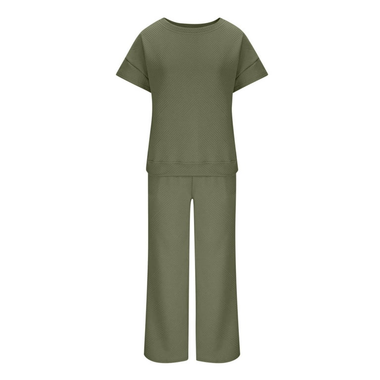 PINSV Women's 2-Piece Lounge Set - Forest Green V-Neck Top & High-Waist Jogger Pants, Size Large