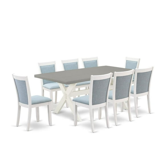 East West Furniture 9-Pc Kitchen Dining Table Set Consists of a Rectangular Dining Table and 8 Baby Blue Linen Fabric Dining Chairs with Stylish Back - Wire Brushed Linen White Finish