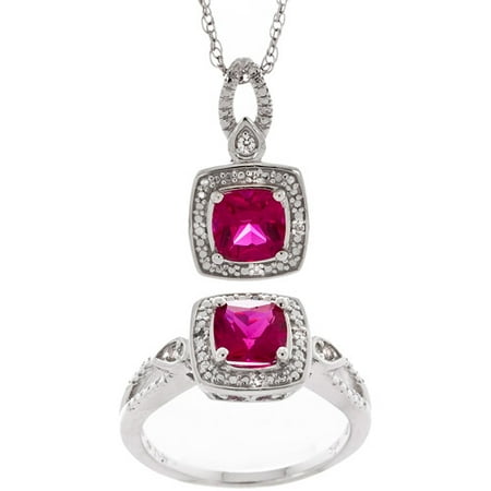 2.2 Carat T.G.W. Cushion-Cut Ruby with White Sapphire and Diamond Accent Ring and Pendant Set in Sterling Silver