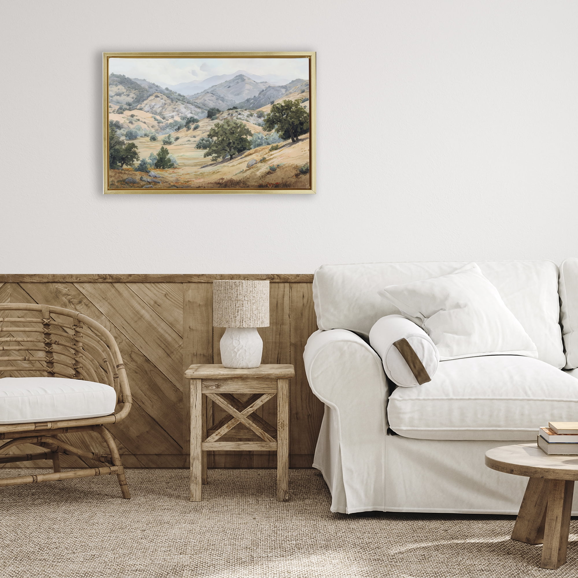 Stupell Industries Mountains and Trees Valley View Gold Framed Floater Canvas Wall Art, design by Petal Prints Design