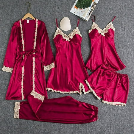 KIHOUT Women s Lace Lingerie 5 Pieces  Women Sexy Satin Belted Robe Camisole Shorts Pants Pajamas