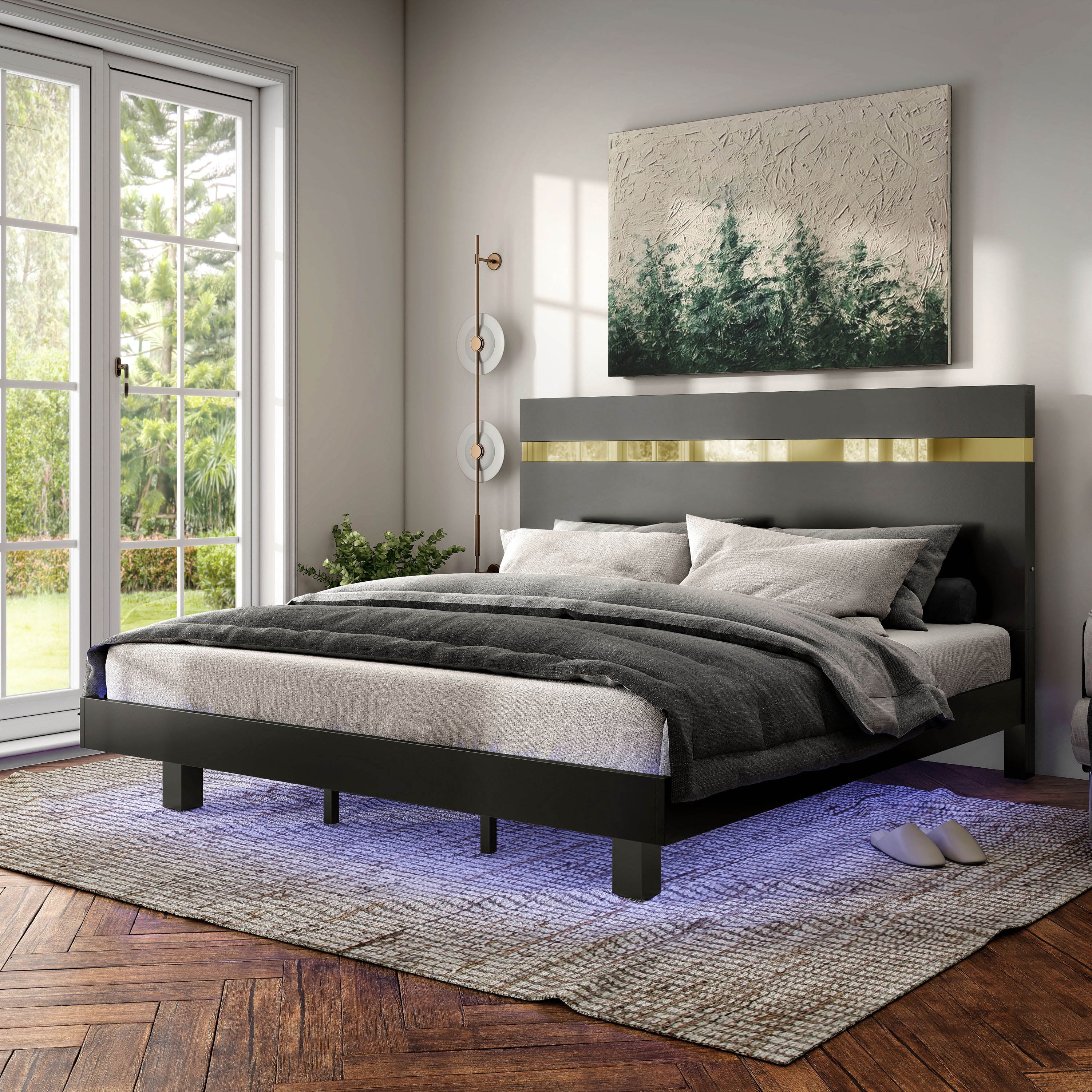 Furniture of America Chora Solid Wood Platform Bed with Underbed LED, Full, Black and Gold