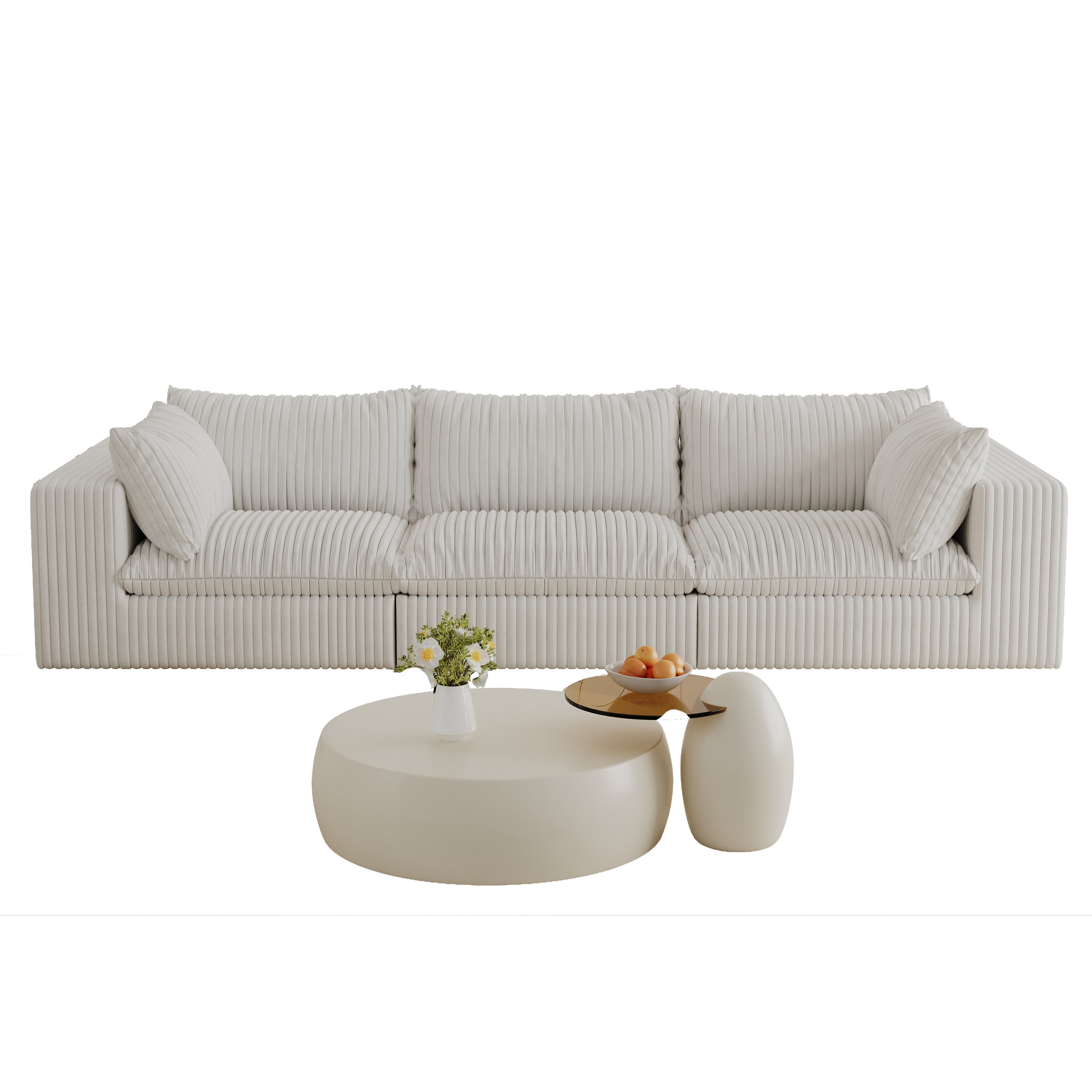 MAYEERTY 118.2" Cloud Sofa White Corduroy Fabric Deep Seat Double-Layer Design Removable Cushion No Assembly DIY Combination for Multi-Rooms