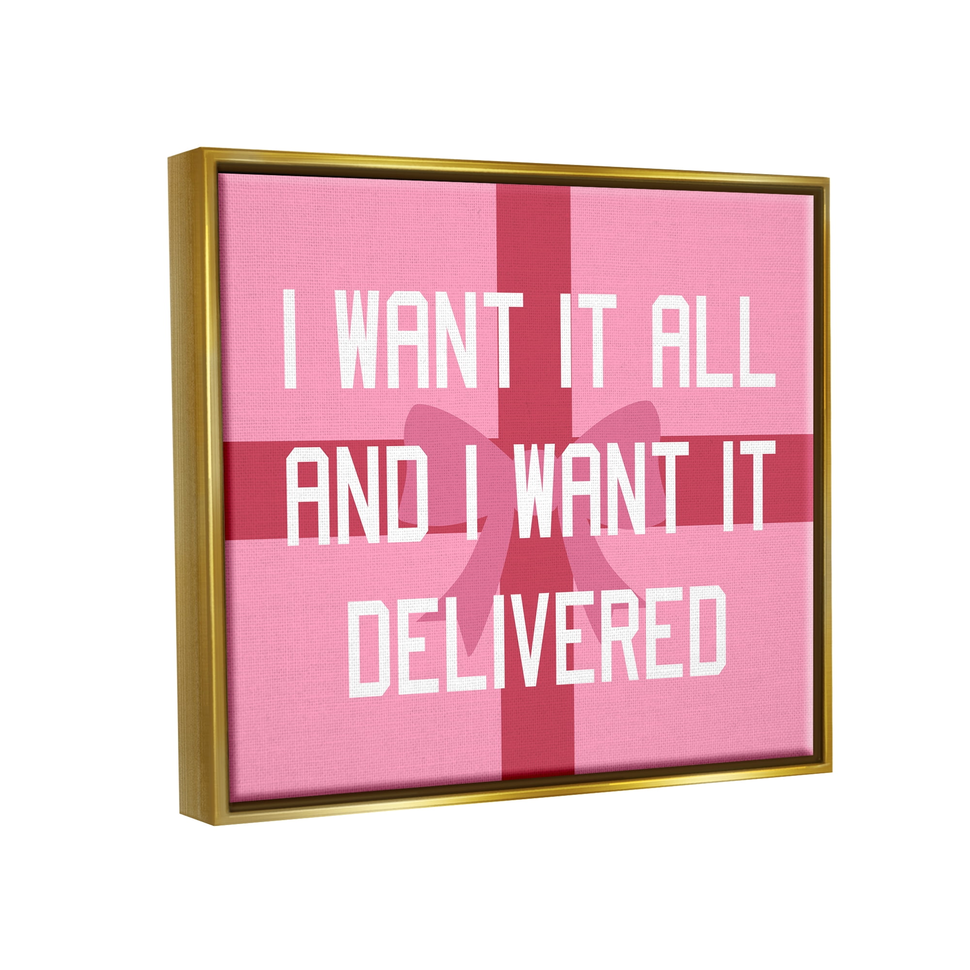 Stupell Industries Funny Want Gifts Delivered Holiday Painting Gold Floater Framed Canvas Art Print Wall Art, 21 x 17
