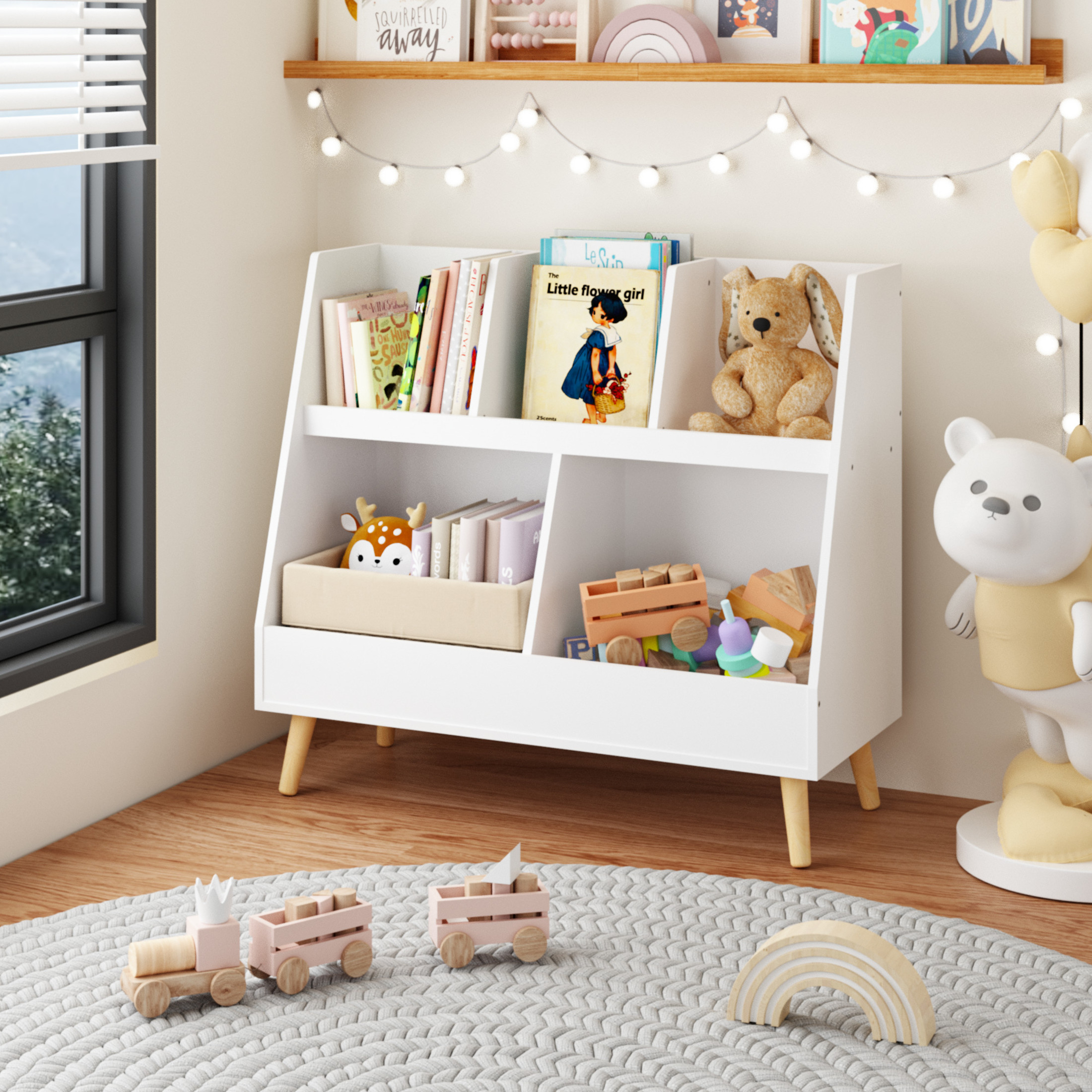 Noble House Solview 32" Kids Wooden Bookshelf and Toy Organizer, 5-Cubby 2-Bin Storage Cabinet for Playroom, White