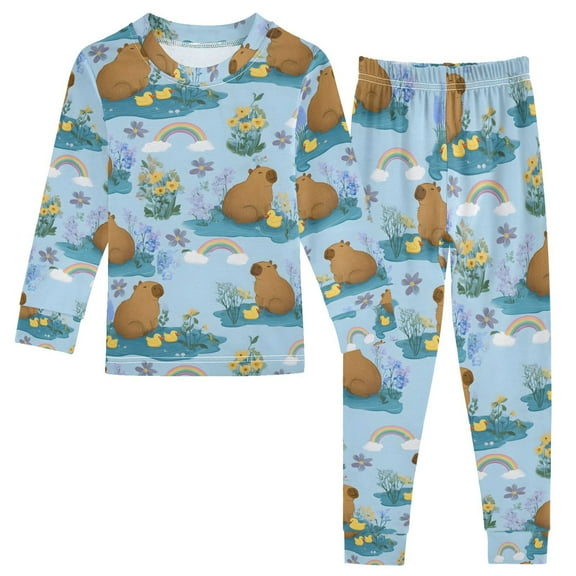 joogoo Cartoon Duck Capybaras 2 Piece Long Sleeve Tee and Pants Cotton Pajama Set 5Y