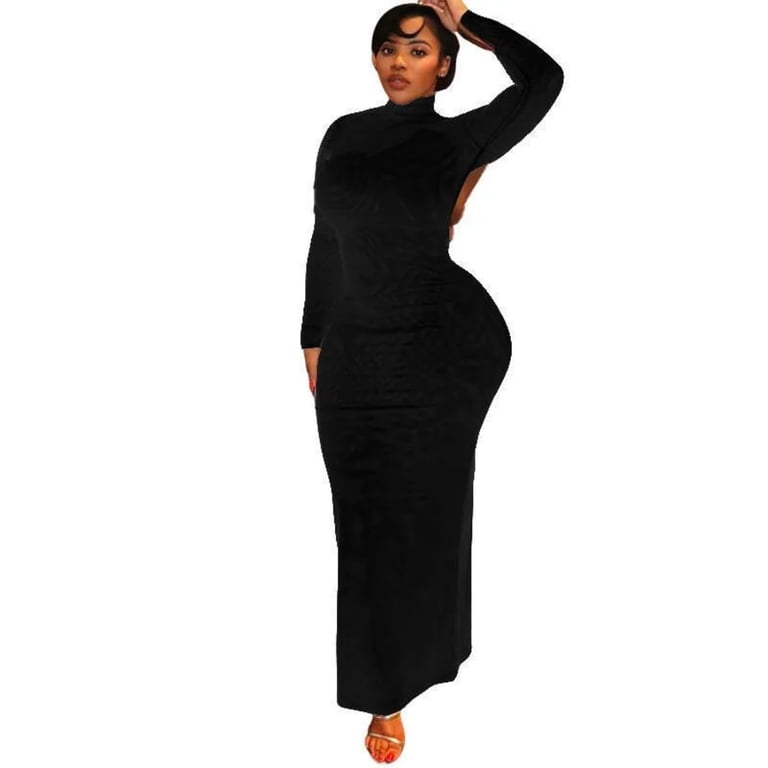 Women's Stand Collar Long Sleeve Lace-up & Backless Long Dress, Hips  Wrapped, Gauze Spliced, Solid Color, Sexy