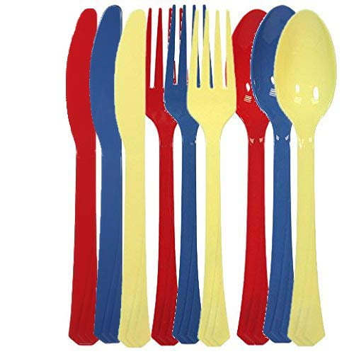 Tiger Chef 72-Pack Plastic Cutlery Set Heavy Duty Colored Plastic Silverware Set includes 24 Forks, 24 Teaspoons, and 24 Knives in Yellow, Red, and Blue