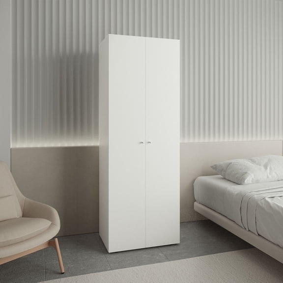 White Modern Two Door Bedroom Armoire Wardrobe Particle Board Closet Cabinet with Hanging Rod and Storage Shelf