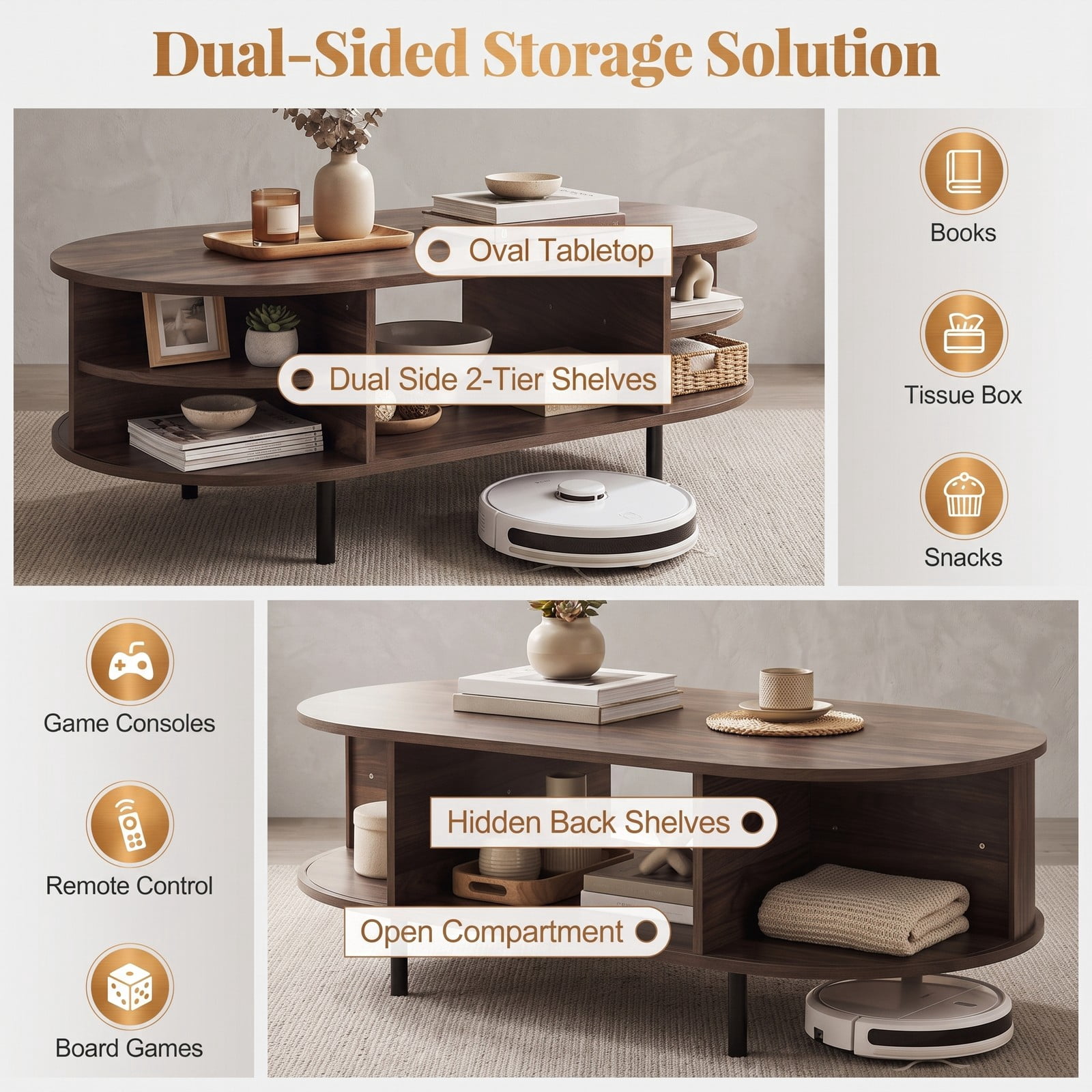 Furnibear Oval Coffee Table 47.5 Inch Wooden Center Table with Storage Shelves and Sliding Doors for Living Room, Walnut