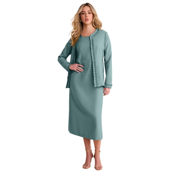 Roaman's Long Sleeve Pleated Jacket Dress Set – 2-Piece Sheath Suit