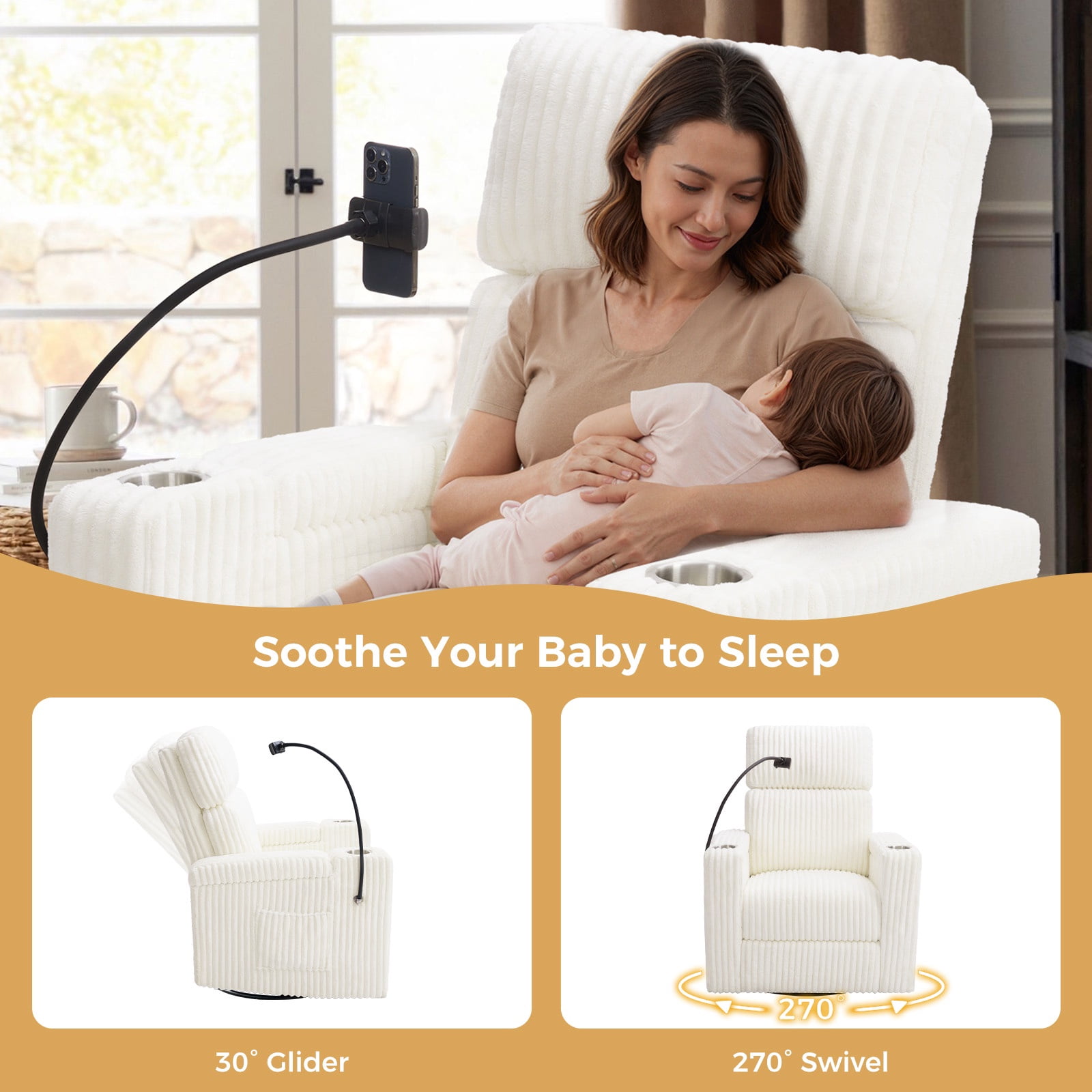 JULY'S SONG Power Recliner Rocking Chair for Nursery, Swivel Rocker Recliner Chair with Phone Holder, USB/Type-C Ports, Nursery Glider Recliners with Arm Storage,White