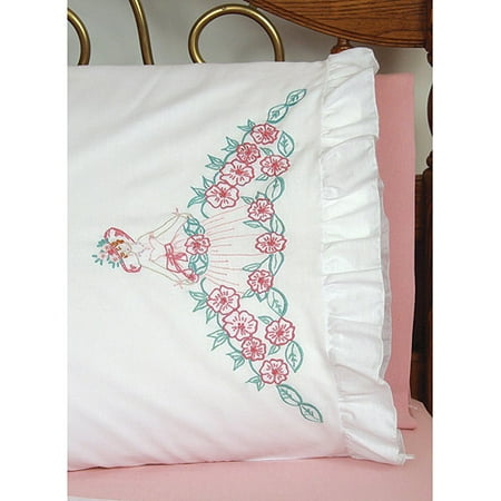 Lace Edge Pillowcases - Fairway Needlecraft Flower Lady Stamped Lace Edge Pillowcase Pair, 30
