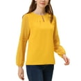thumbnail image 4 of Blusa de gasa para mujer Inspire Chic con cuello de ojal, mangas de patchwork, elegante para el trabajo, color amarillo, 4 of 6