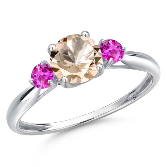 Gem Stone King 10K White Gold Peach Morganite and Pink Sapphire 3-Stone Ring for Women | 0.87 Cttw | Round 6MM | Gemstone October Birthstone | Size 7