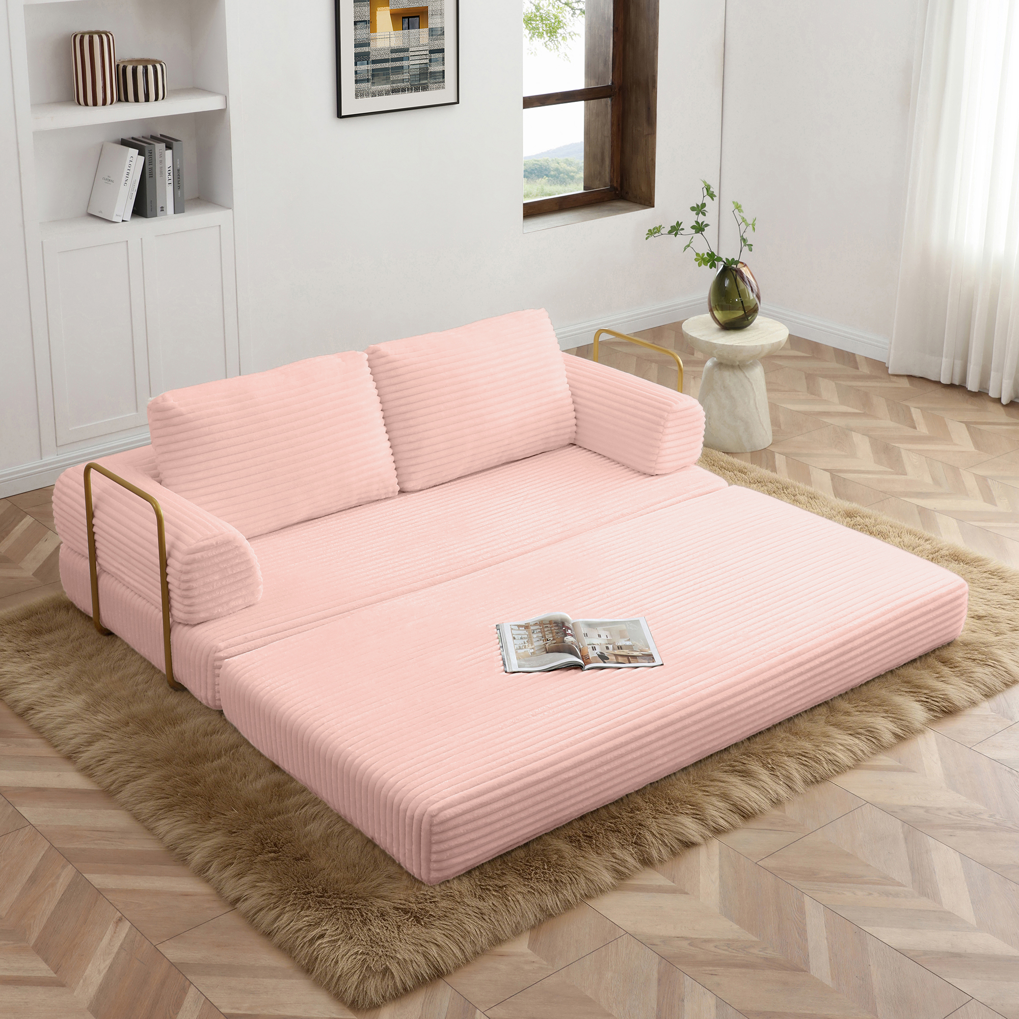 79.5" Convertible Sofa Bed,Folding Sleeper Sofa Couch Bed with Fixed-Shape Frame,Corduroy Fold Out Sleeper Loveseat for Living Room,Bedroom,Apartment,Pink