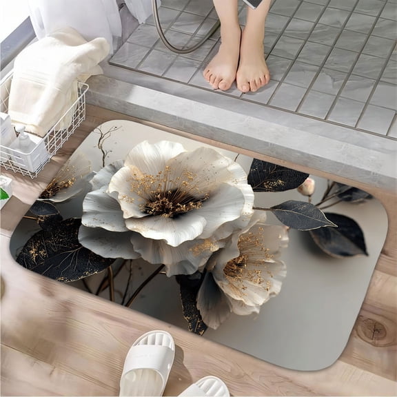 1pc White and Gold Flowers Absorbent Non-Slip Bathroom Thickened Flannel Rug Decor,Soft,Quick Drying,Suitable For Indoor/outdoor Use,Bathrooms,Bedrooms,Kitchens,Terrace,Laundry Rooms,16"x24"