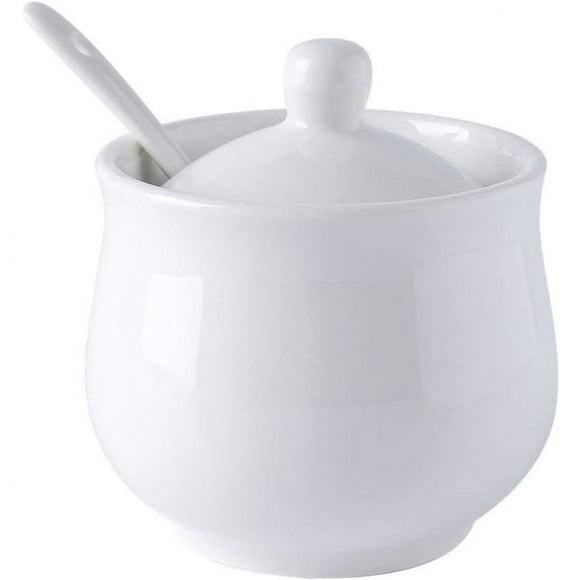 Ceramic sugar bowl, white porcelain sugar jar with lid and spoon