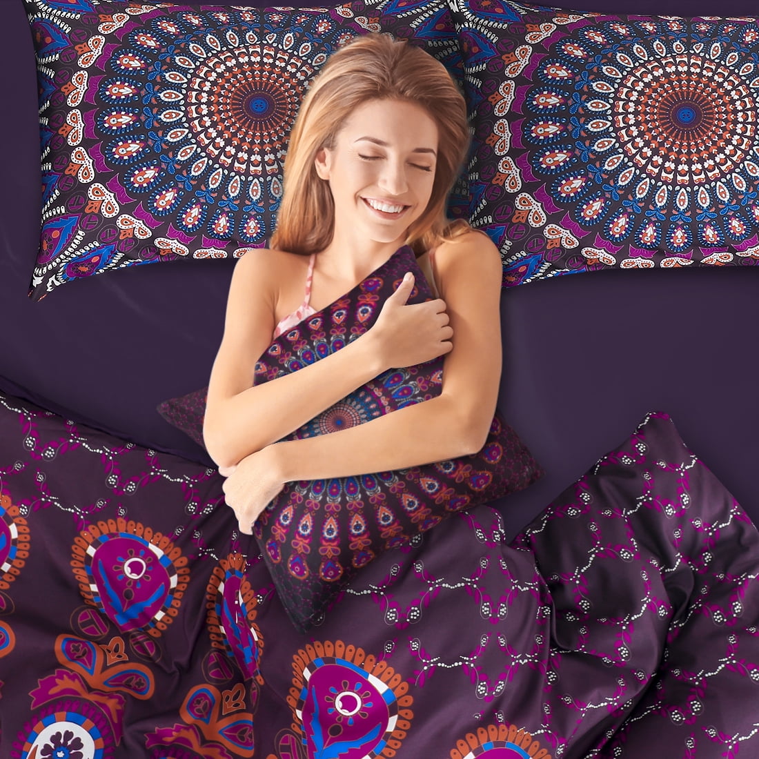 PiccoCasa 5pcs Polyester Duvet Cover Set Bohemian Bedding Set, Purple Queen