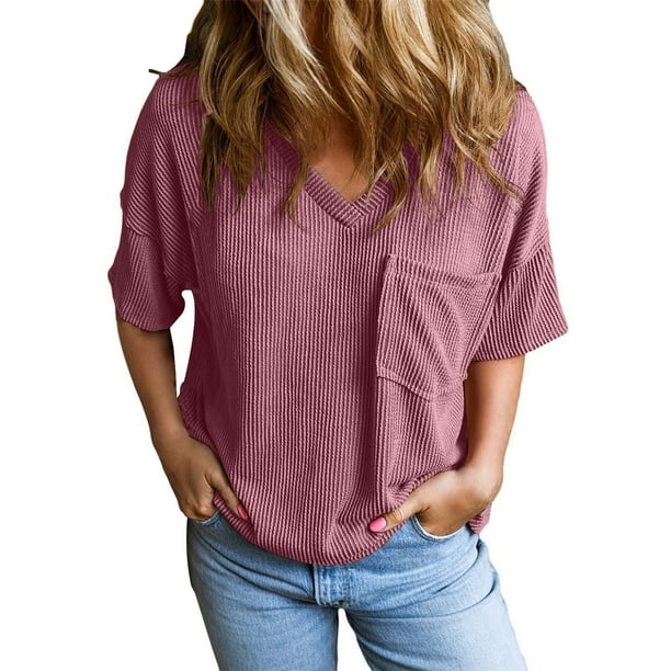 Camiseta holgada de manga corta con cuello en V y color liso para mujer - Algodón y lino suaves, blusa informal bordada