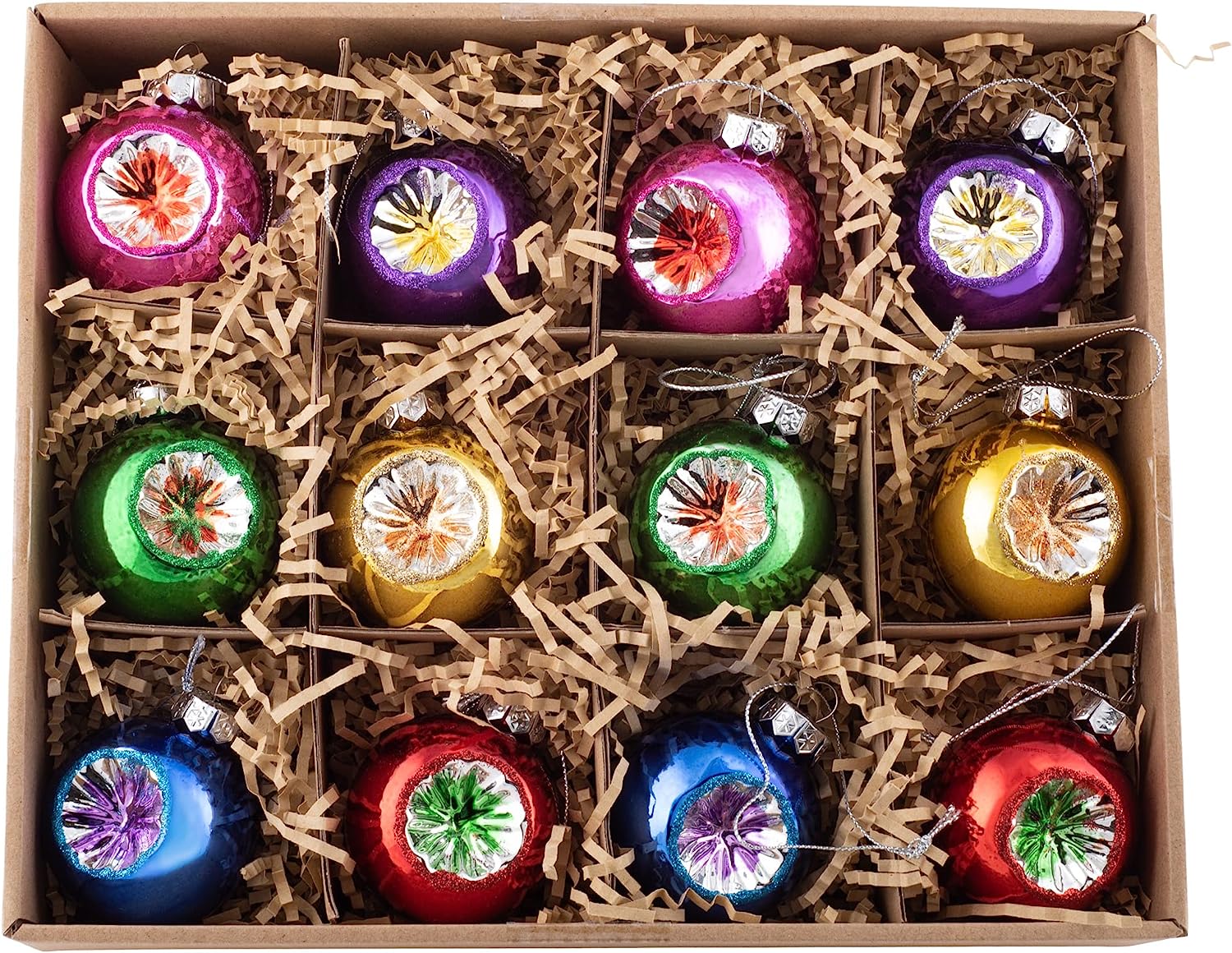 RAZ Imports Vintage Glass Christmas Ornaments - Set Of 12, Traditional Designs (Snowmen, Stars, Santa), 2-inch, In Kraft Storage Box
