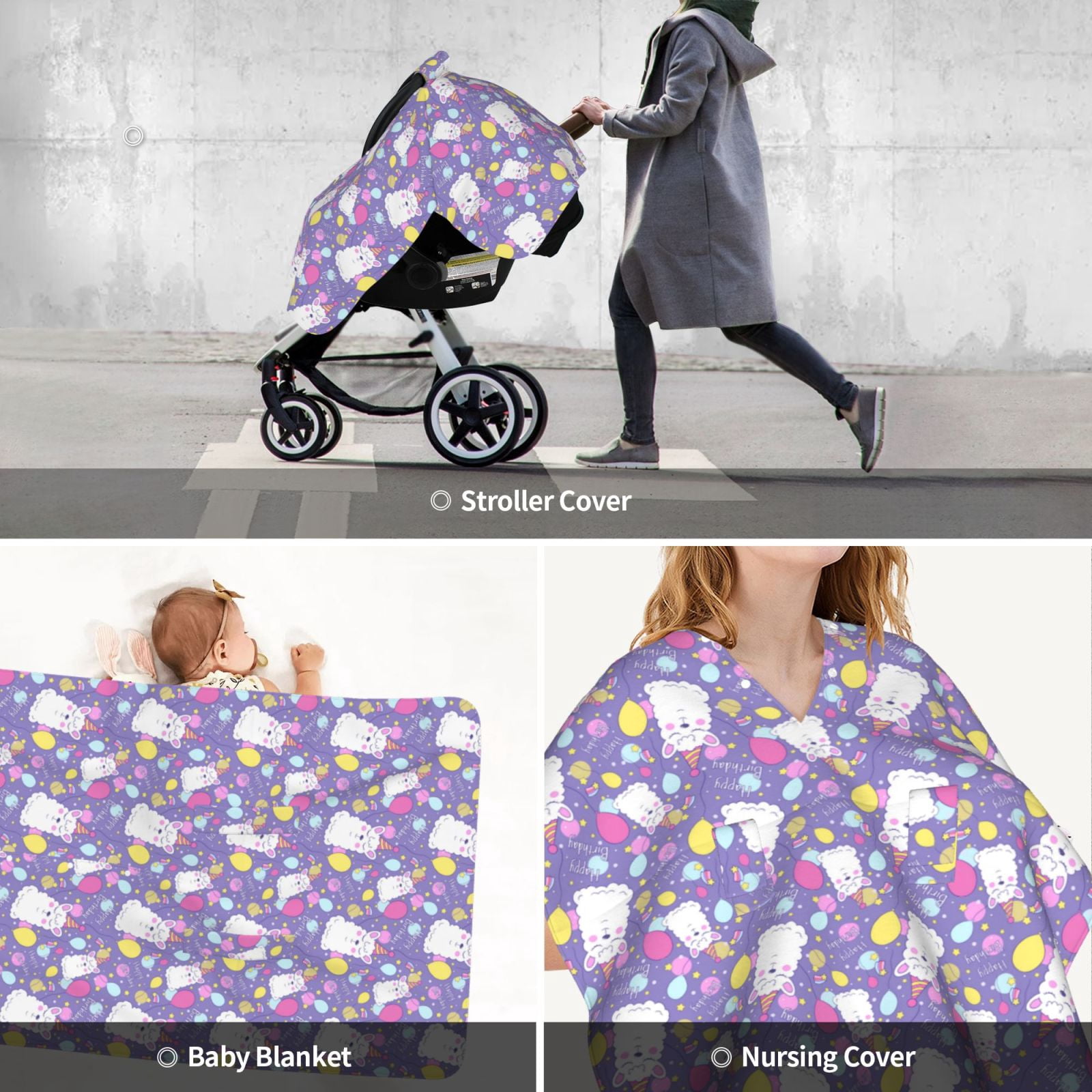 Car Seat Cover Baby - Happy Birthday Alpaca Balloon Breathable Infant Car Seat Cover for Baby Carseat, Lightweight Comfort Baby Essentials Must Haves Newborn Stuff for Girl Boy
