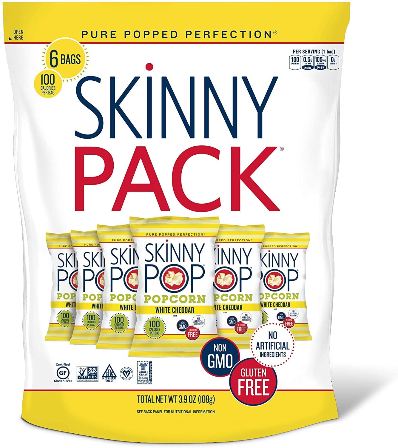 SKINNYPOP White Cheddar Popped Popcorn, 100 Calorie Bags, Individual Bags, Gluten Free Popcorn, Non-GMO (6 Count per pack of 0.65 Ounce), 3.9 Oz