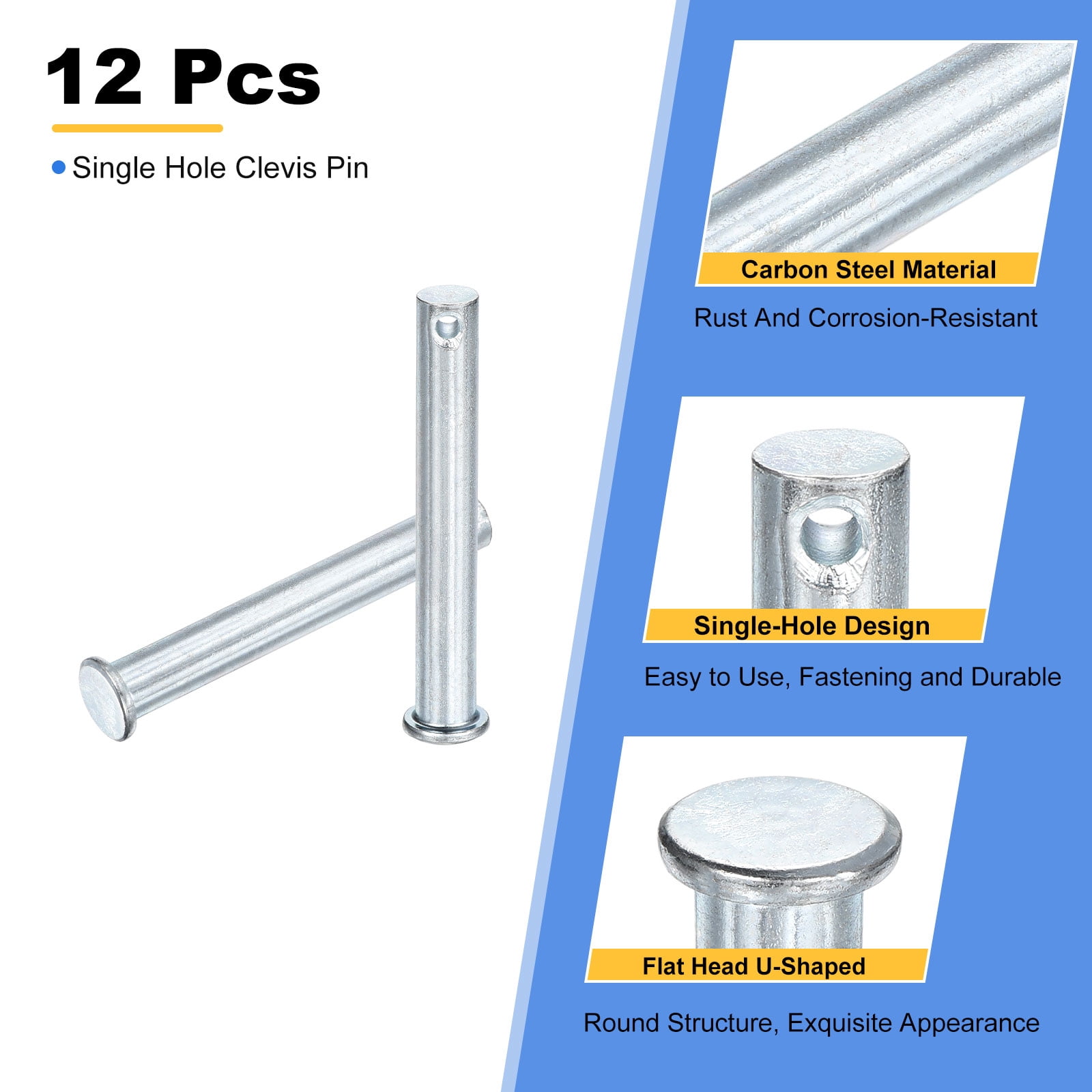 12Pcs M10 x 70mm Single Hole Clevis Pins, Zinc-Plated Carbon Steel Flat Head Pin