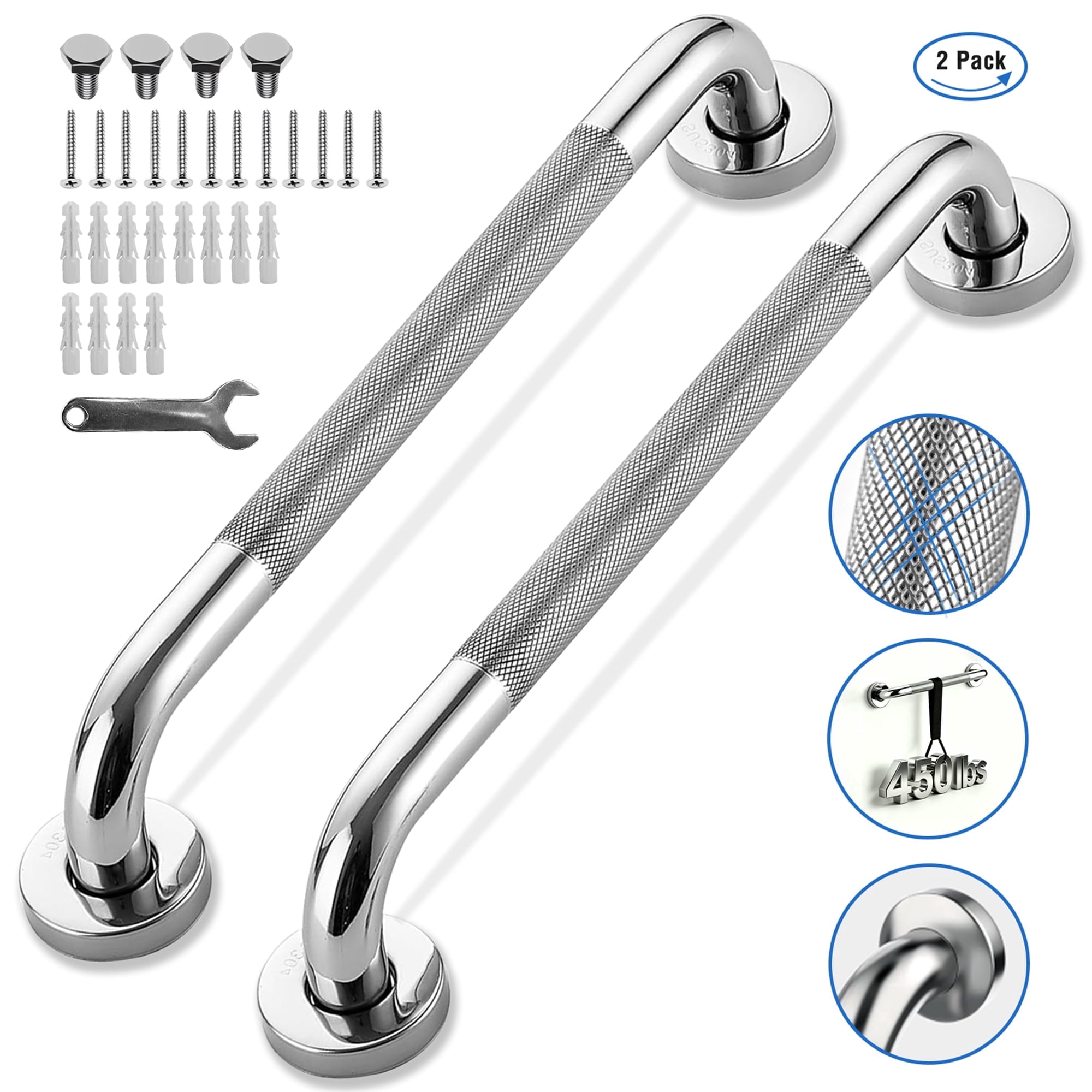 REHAND 16" Grab Bars for Shower,2 Pack Non-Slip Wall Mount Polished Stainless Steel Bathroom Safety Handles,450 lb Capacity