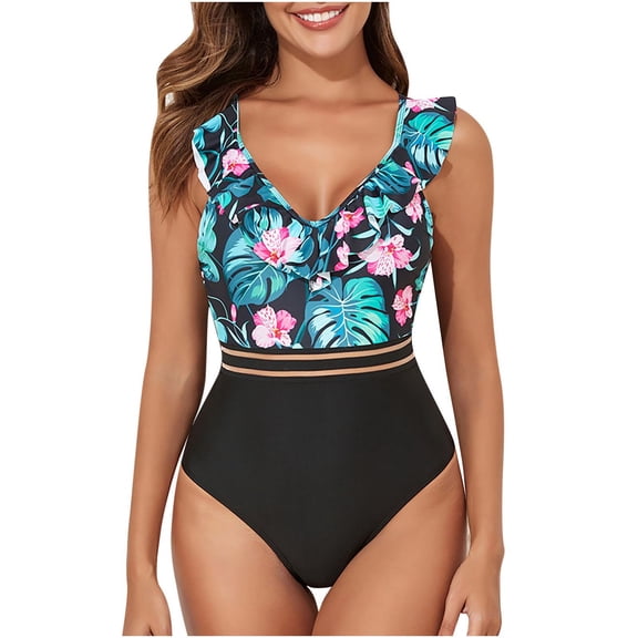 MOJOGO Women's V Neck Swimwear Floral Print Ruffled One-Piece Swimsuit Stretchy Quick-Dry Swimwear Vacation Summer Beach Bathsuit M