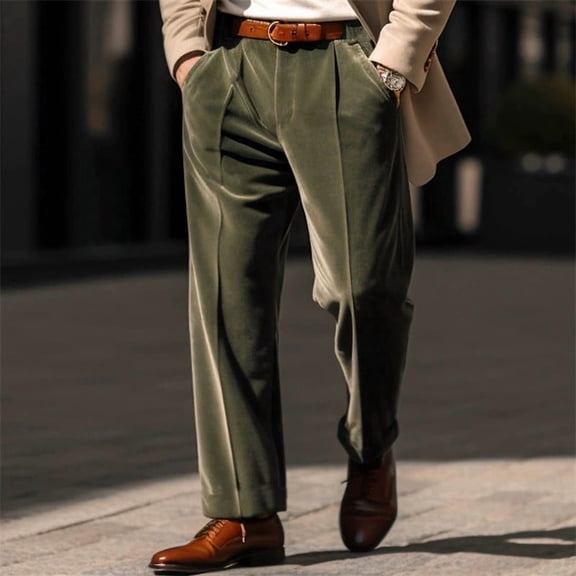 COSFO Men's Chinos Pants Work Green Dressy Fleece Straight Leg Suit Pants Slim Fit Business with Pockets Trousers Mens Pants