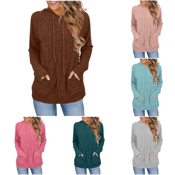 VOUZZA Hoodies for Women Solid Color Long Sleeve Pullover Sweatshirt with Pocket, Casual Hooded Sweater Top for Fall Winter