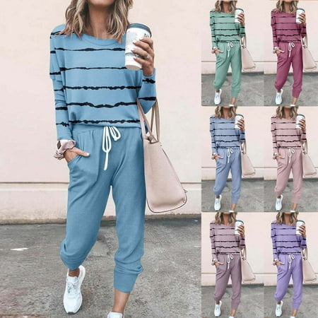 Wlynlyn Womens 2 Piece Outfits Fall Casual Long Sleeve Tops High Waisted Jogger Pants Set Color Block Travel Sweatsuits