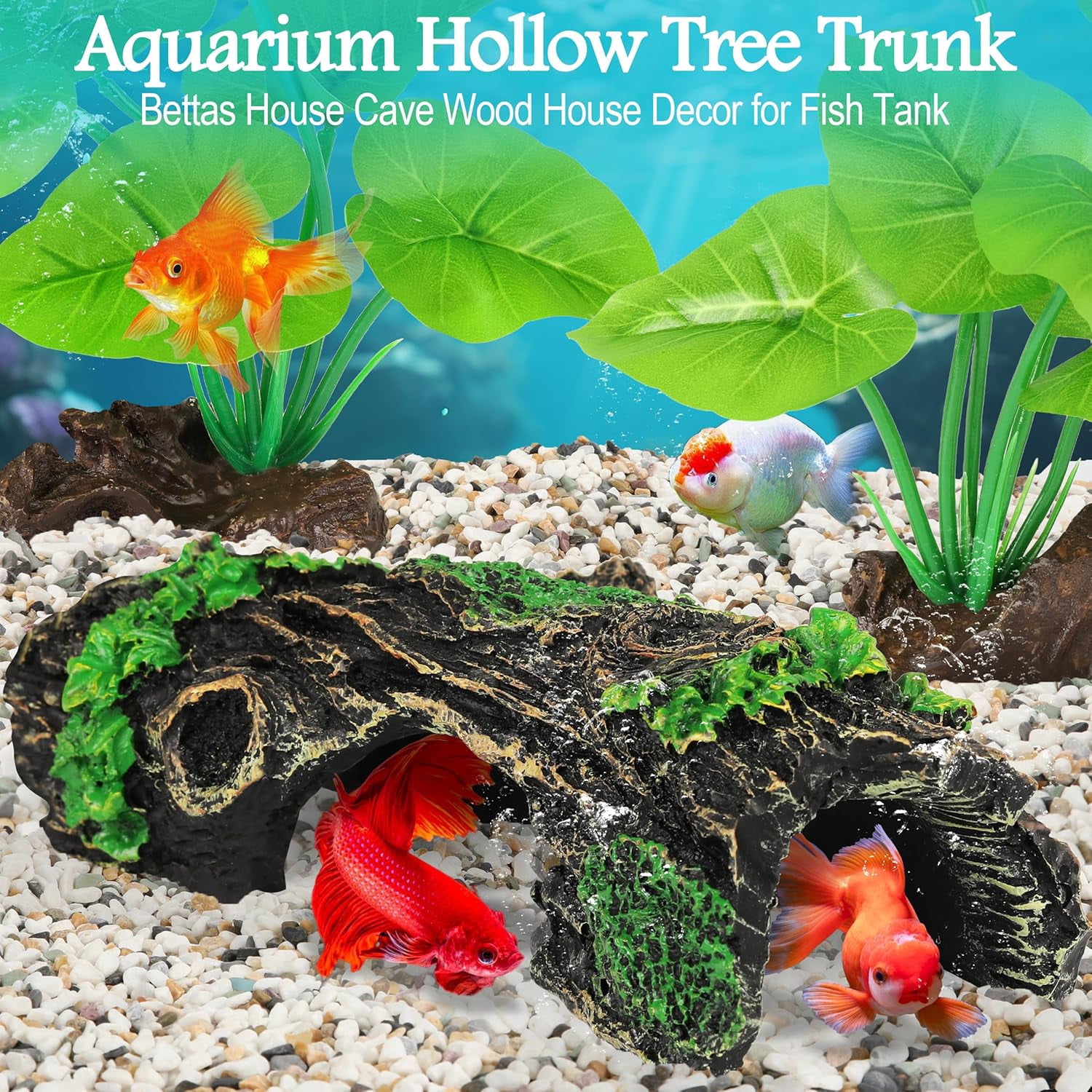 Fish Tank Decor, Silk Aquarium Plants and Hollow Tree Trunk Decor for Betta, Goldfish, Turtle, Reptile
