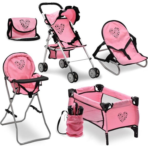Dolls To Play Baby Doll Nursery Playset with Stroller, Bed, High Chair and Rocking Chair, Diaper Bag, Pink Heart, Fits 12 to 18 Inch Dolls