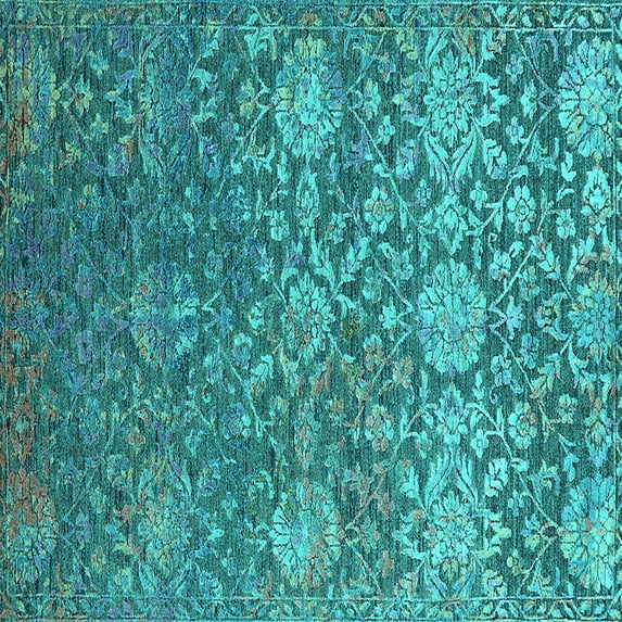 Ahgly Company Machine Washable Indoor Square Oriental Turquoise Blue Industrial Area Rugs, 5' Square