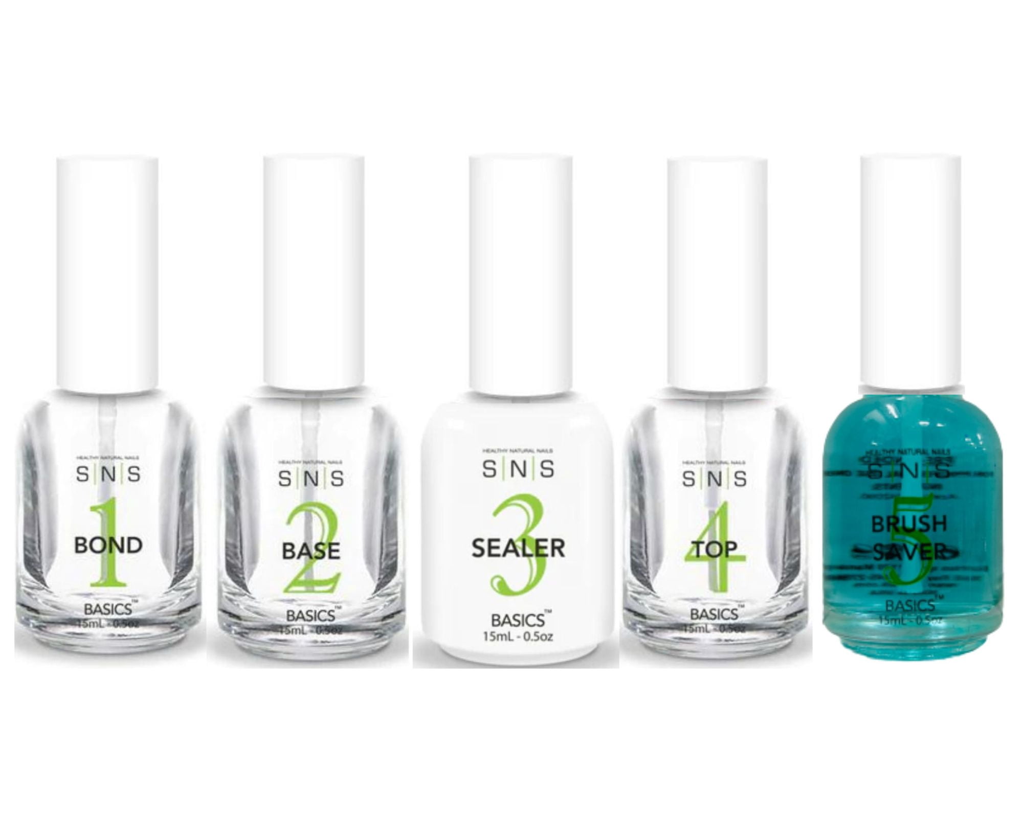 SNS Bases&Sealers - Basics 5 pcs Set - #1 E A Bond, #2 Base Coat , #3 Sealer Dry, #4 Top Coat, # 5 Brush Saver ( 0.5 each )