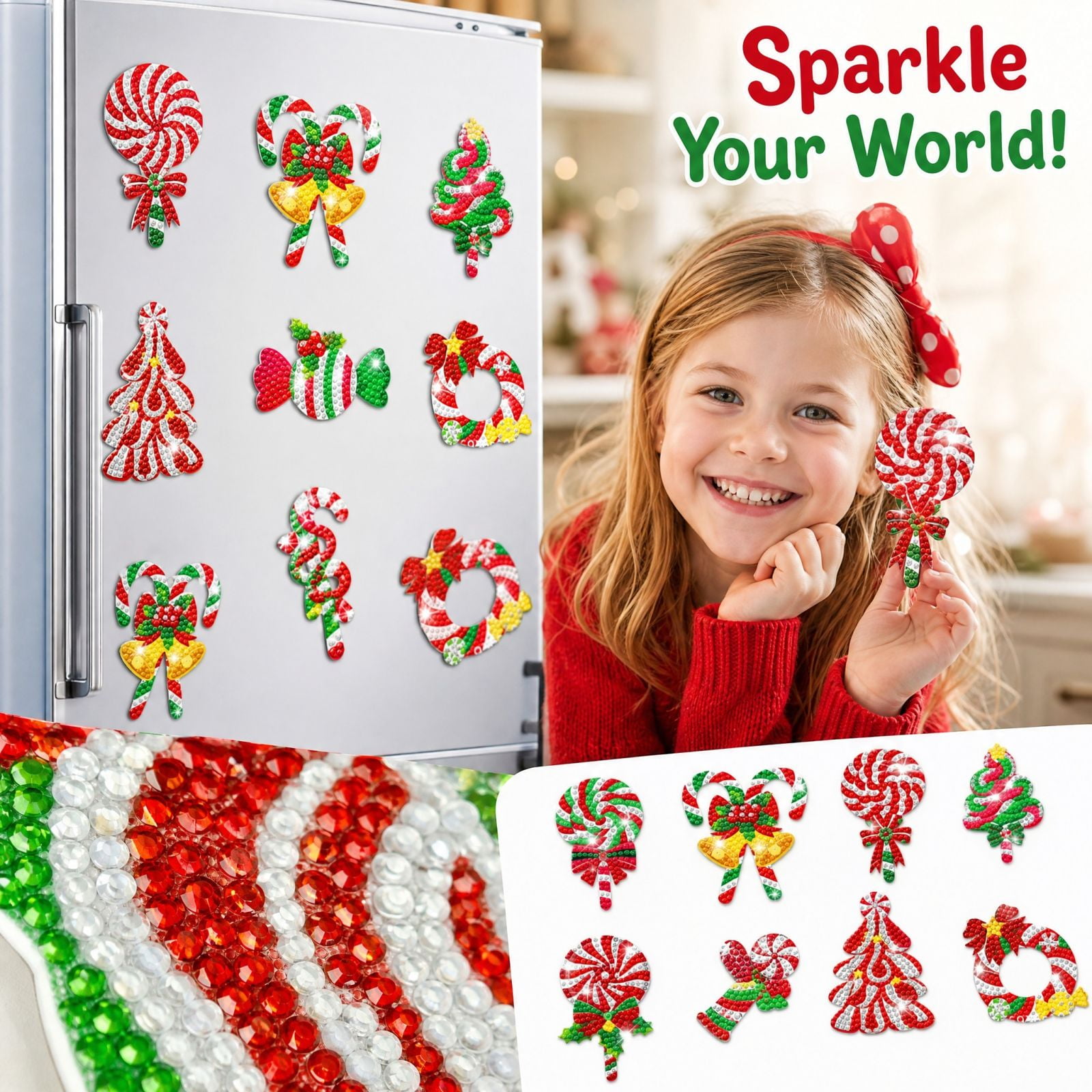 Diamond Art Christmas Magnetic Backing Set Pre-Sorted Kids Activity Kit 4 Pieces Christmas Tree Decorations with Gem Art for Fridge Display